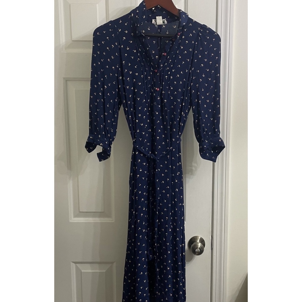 1980s Belle France Navy Floral Print Rayon Dress
